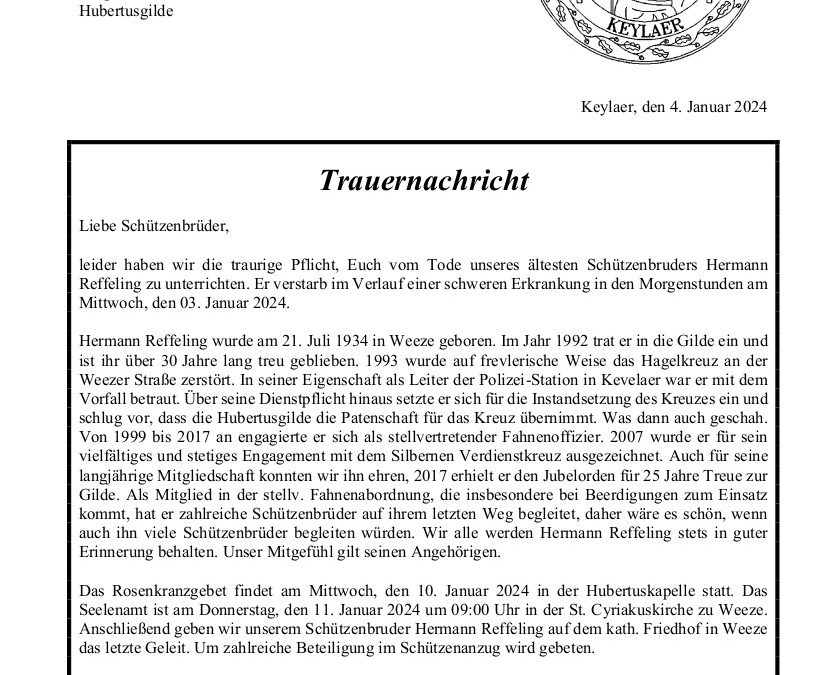 Trauernachricht Hermann Reffeling